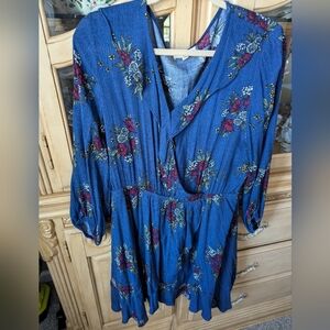 Blue Floral Ruffle Neckline and hem